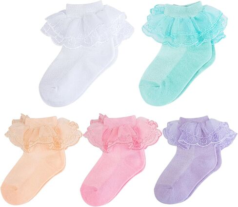 Meeshine 5 Pairs Baby Girls Ruffle Lace Ankle Socks Eyelet Mesh Thin Frilly Dress Cotton Socks for Toddler Kids 1-8T in Saudi Arabia