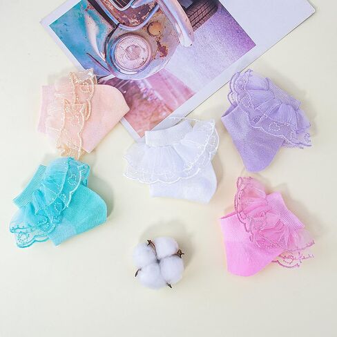 Meeshine 5 Pairs Baby Girls Ruffle Lace Ankle Socks Eyelet Mesh Thin Frilly Dress Cotton Socks for Toddler Kids 1-8T in Saudi Arabia