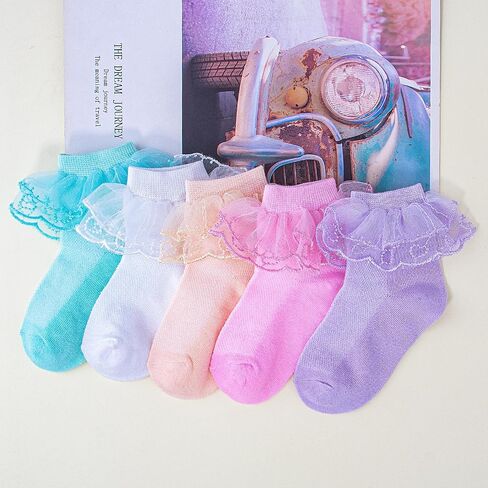 Meeshine 5 Pairs Baby Girls Ruffle Lace Ankle Socks Eyelet Mesh Thin Frilly Dress Cotton Socks for Toddler Kids 1-8T in Saudi Arabia