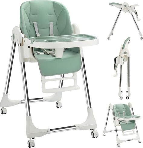 Baby High Chair, Baby High Chair Portable with 4 Wheels& Adjustable Backrest Footrest Tray Positions Seat Heights, Removable Dishwasher Meal Tray, and Foldable High Chair for Babies and Toddler in Saudi Arabia
