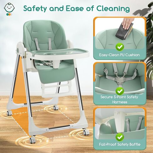 Baby High Chair, Baby High Chair Portable with 4 Wheels& Adjustable Backrest Footrest Tray Positions Seat Heights, Removable Dishwasher Meal Tray, and Foldable High Chair for Babies and Toddler in Saudi Arabia