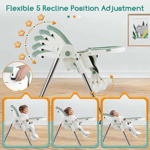 Baby High Chair, Baby High Chair Portable with 4 Wheels& Adjustable Backrest Footrest Tray Positions Seat Heights, Removable Dishwasher Meal Tray, and Foldable High Chair for Babies and Toddler in Saudi Arabia