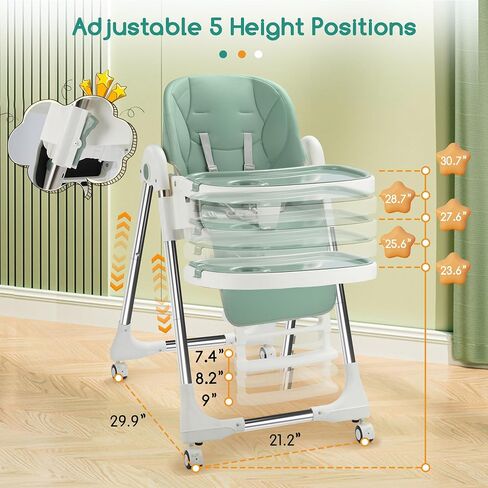 Baby High Chair, Baby High Chair Portable with 4 Wheels& Adjustable Backrest Footrest Tray Positions Seat Heights, Removable Dishwasher Meal Tray, and Foldable High Chair for Babies and Toddler in Saudi Arabia