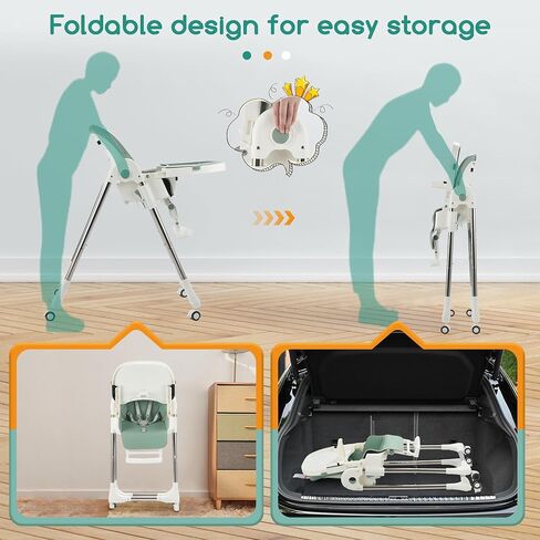 Baby High Chair, Baby High Chair Portable with 4 Wheels& Adjustable Backrest Footrest Tray Positions Seat Heights, Removable Dishwasher Meal Tray, and Foldable High Chair for Babies and Toddler in Saudi Arabia