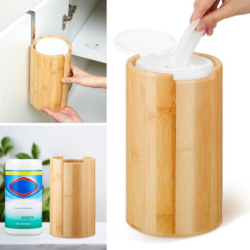 Bamboo Wipes Dispenser Container, Disinfectant Wipes Container Wall Mounted Disinfectant Wipes Holder Decorative Bamboo Kitchen Organizer for Bathroom Office Classroom Countertop Home in Kuwait