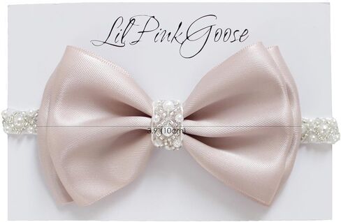 0-12 Newborn Baby Baptism Pearl Headband with Bow in WHITE Christening Headband with Satin Bow, Pearl Rhinestone Band (Champagne(0-3Months), 0-3Months) in Kuwait