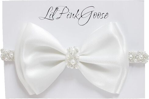 0-12 Newborn Baby Baptism Pearl Headband with Bow in WHITE Christening Headband with Satin Bow, Pearl Rhinestone Band (Champagne(0-3Months), 0-3Months) in Kuwait
