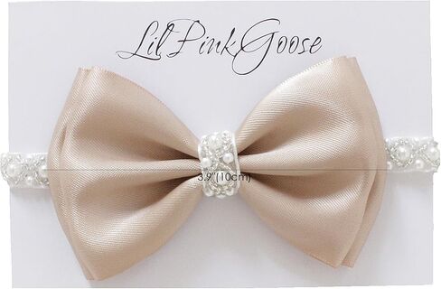 0-12 Newborn Baby Baptism Pearl Headband with Bow in WHITE Christening Headband with Satin Bow, Pearl Rhinestone Band (Champagne(0-3Months), 0-3Months) in Kuwait