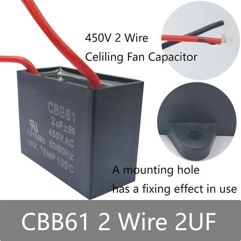 CBB61 Ceiling Fan Capacitor 2 Wire 2uf Compatible with 400/350/300/250VAC Fan Capacitor 50/60Hz CBB61-2uf（2 Pack） in Saudi Arabia
