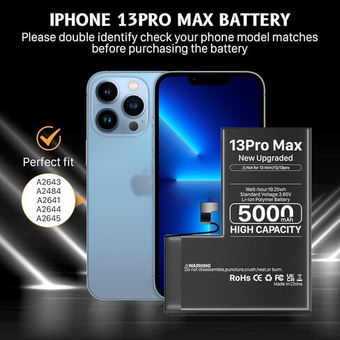 5000mAh Battery for iPhone 13 pro max (New Version 2024) Ultra-high Capacity Replacement 0 Cycle Battery Compatible Models A2644 A2645 A2643 A2484 A2641 and a Complete Professional Repair Tool kit in Kuwait