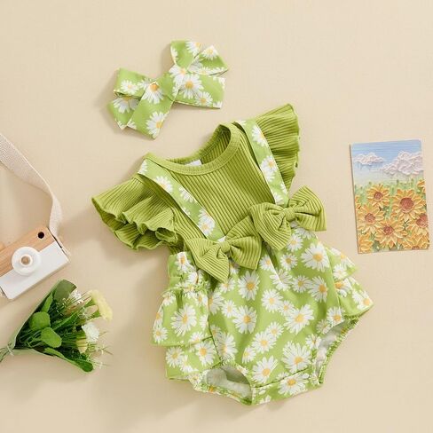 Afunbaby Baby Girl Clothes 3 6 9 12 18 Months Newborn Ruffle Butt Onesie Romper Daisy Overalls Jumpsuit Summer Outfit in Saudi Arabia