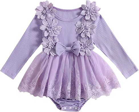 Hoanselay Newborn Infant Baby Girl Romper Dress Outfit Floral Lace Tulle Bodysuit One Piece Jumpsuit Fall Winter Clothes in Saudi Arabia