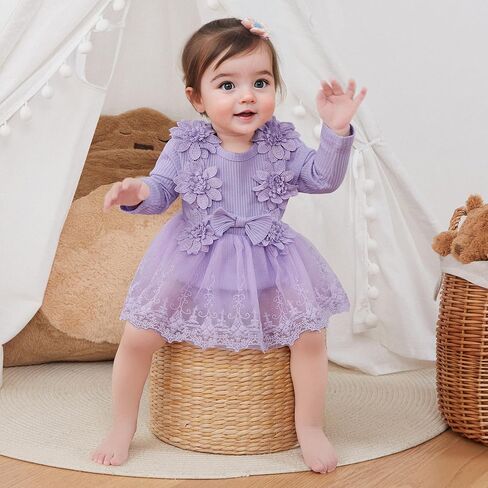 Hoanselay Newborn Infant Baby Girl Romper Dress Outfit Floral Lace Tulle Bodysuit One Piece Jumpsuit Fall Winter Clothes in Saudi Arabia
