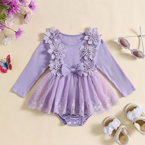 Hoanselay Newborn Infant Baby Girl Romper Dress Outfit Floral Lace Tulle Bodysuit One Piece Jumpsuit Fall Winter Clothes in Saudi Arabia