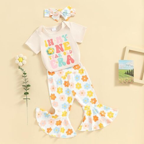 BULINGNA Baby Girl First Birthday Outfit In My One Year Old Ear Romper Floral Flare Pants Summer 1st Birthday Clothes Set in Saudi Arabia