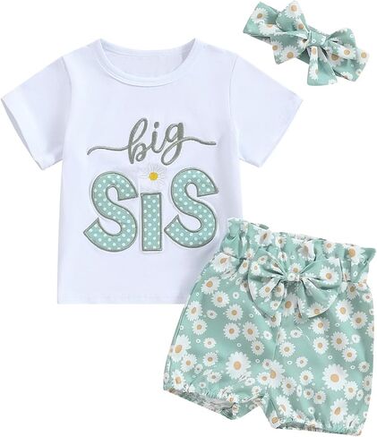 GOOCHEER Big Sister Little Sister Matching Outfits Toddler Baby Girl Romper Shirt Top Daisy Shorts Set Summer Clothes in Saudi Arabia