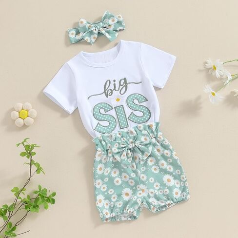 GOOCHEER Big Sister Little Sister Matching Outfits Toddler Baby Girl Romper Shirt Top Daisy Shorts Set Summer Clothes in Saudi Arabia