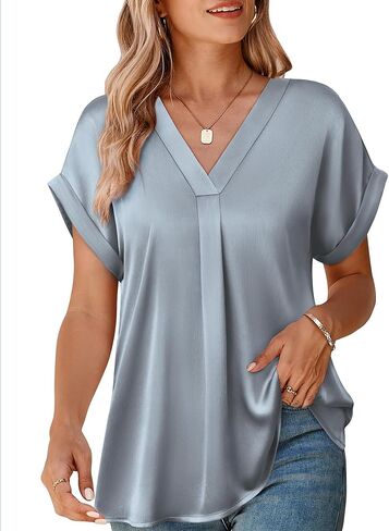 Youtalia Womens Silk Satin Short Sleeve Blouses Business Work Tops V Neck Loose Fit Shirts in Kuwait