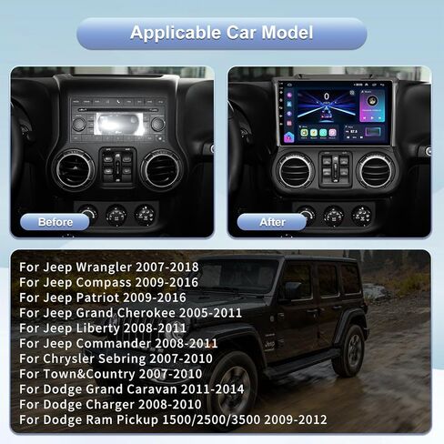 راديو ستيريو للسيارة 5GWiFi 4GB+32GB لسيارة Jeep Wrangler JK Compass Gand Cherokee Dodge Ram - Carplay اللاسلكي ونظام الملاحة GPS التلقائي بنظام Android - شاشة لمس 10.2 بوصة بلوتوث RDS FM SWC in Kuwait