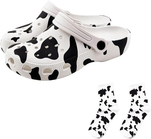 AJKSFHIU Cow Clogs Cow Slippers with Socks and 10 Random Shoe Buckles Slip On Casual Water Cow Shoes Indoor Outdoor Sandals for Women's Girls in Saudi Arabia