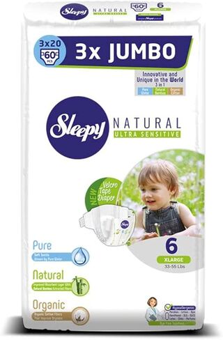 SOHO|Sleepy 3X Jumbo Natural Baby Diapers, Made from Organic Cotton and Bamboo Extract, Ultimate Comfort and Dryness, Diapers- Size 4 MAXI (Child Weight 15-31 Lbs,90 Count) in Saudi Arabia
