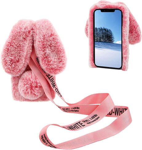 3D Bunny Ears Plush Case for iPod Touch 5/6 / 7 with Crossbody Strap, Winter Warm Handmade Bling Diamond Soft Rabbit Fluffy Furry Fur Shockproof Protective Phone Cover, Grey in Saudi Arabia