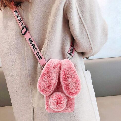 3D Bunny Ears Plush Case for iPod Touch 5/6 / 7 with Crossbody Strap, Winter Warm Handmade Bling Diamond Soft Rabbit Fluffy Furry Fur Shockproof Protective Phone Cover, Grey in Saudi Arabia
