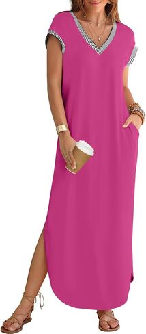 MEROKEETY Women's 2024 Summer Short Sleeve Maxi Dress V Neck Split Loose Casual Beach Long Dresses in Saudi Arabia