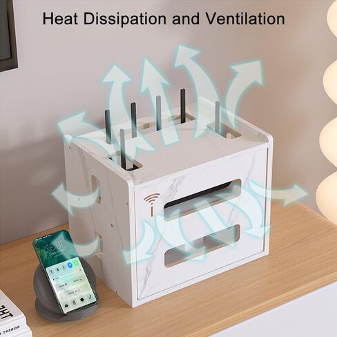 Wooden Router Shelf, Desktop WiFi Router Storage Box Modem Rack Router Cover Power Strip and Cable Management Hider Organizer for Office and Home (White) in Kuwait