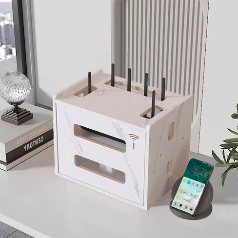 Wooden Router Shelf, Desktop WiFi Router Storage Box Modem Rack Router Cover Power Strip and Cable Management Hider Organizer for Office and Home (White) in Kuwait