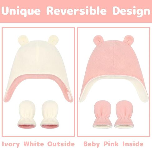 Baby Winter Hat Reversible Baby Hat and Mitten Set Newborn Hat Kids Toddler Winter Hat Boys Girls Fleece Bear Baby Hats in Kuwait