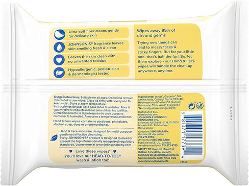مناديل مبللة للأطفال من جونسون لليدين والوجه، 25 قطعة (عبوة من 6 قطع) in Kuwait
