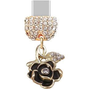 ELISE & FONDA TP278 Type-C USB Charging Port Crystal Anti Dust Plug Little Rose Flower Cell Phone Charm for Samsung/Huawei/OnePlus/Xiaomi/oppo Android Phones (Black)