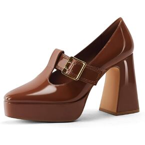 Coutgo Womens Platform Mary Jane Pumps T Strap Chunky High Heels Buckle Business Casual Dress Shoes