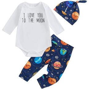 Newborn Baby Boy Coming Home Outfit I Love You to the Moon Bodysuit Space Planets Pants Hat 3pcs Clothes Set