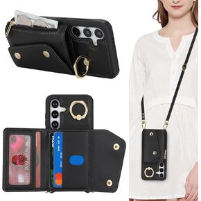 for Samsung Galaxy S24 Case with Card Holder and Strap - Zipper Pocket,Crossbody Lanyard Strap,Credit Card Holder,Stand Ring,Cute Phone Wallet Case for Women(Black,6.2 Inch)
