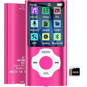 MYMAHDI 64GB MP3 Player with Bluetooth 5.2, LCD Screen Music Player Up to 128GB,MP3 Player for Kids with Music,Video,Voice Record,FM Radio,E-Book Reader,Photo Viewer,Pink