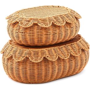 2 Pcs Hand Woven Rattan Basket Scalloped Basket Wicker Storage Basket Decorative Basket with Lid for Organizing Food Bread Picnic Table Bathroom Decor, Dark Brown