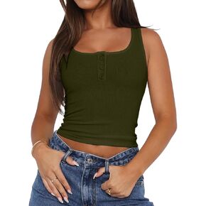 Bloggerlove Womens Summer Crop Y2K Sexy Sleeveless Going Out Button Front Ribbed Knit Tank Basic Shirts Top
