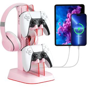 6 RGB Lights Gaming Headset Stand Controller Holder for desk, Acrylic Headphones & Controller Stand PC Gaming Accessories for PS4 PS5 Controller Xbox ONE with USB Charging Ports (Black)