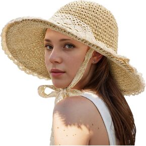 SANSTHS Sun Hats for Women, Wide Brim Straw Hats for Women, Summer Beach Hat UV UPF Packable Foldable Travel