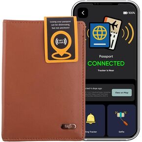 DOLPHIN Smart Passport Holder, Android and iOS Compatible, Genuine Leather Passport Cover with BLE Tracker and RFID Blocking Technology, Passport Wallet and Case for Cards and Cash, Tan - tag8