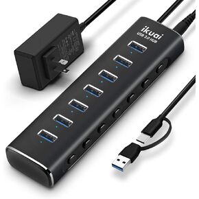 Powered USB 3.0 /USB C Hub, ikuai Aluminium 7-Port USB Hub Splitter with AC Adapter LED Individual On/Off Switches and 3.3ft Extended Long Cable for Laptop, Mac, PC, Flash Drive, Mobile HDD