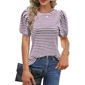 HOTOUCH Soft Knit Blouse for Women Cute Puff Short Sleeve Tunic Tops Summer Round Neck Shirts Lightweight Clothes S-XXL