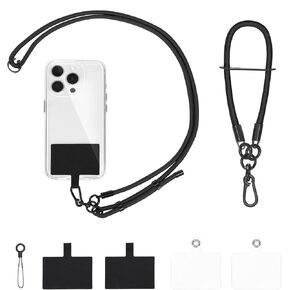 MOSISO Universal Phone Lanyard, Adjustable Crossbody Phone Lanyard Neck Strap, 8mm Thick Nylon Neck Strap and Wrist Strap with 4pcs Phone Patch Tether Tab, Black