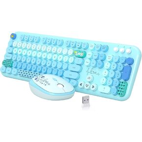Wireless Keyboard Mouse Combo, MOFII 104 Round Keys Lovely Full-Size Cute Colorful Keyboard and Mouse with Retro Typewriter for PC/Mac/Laptop/Tablet/Computer/Windows Blue