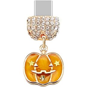 ELISE & FONDA TP288 Type-C USB Charging Port Crystal Anti Dust Plug Halloween Pumpkin Cell Phone Charm for Samsung/Huawei/OnePlus/Xiaomi/oppo Android Phones (Orange)