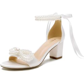 Pearl Heels Wedding Shoes for Bride Block Heel Wedding Sandals Open Toe Bridal Shoes Wedding Heels with Bow