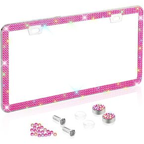 Car Bling License Plate Frame Sparkly 2 Holes 3 Row Acrylic Crystal Stainless Steel Universal License Plate Frame with Screw Caps Covers for US Auto Vehicles (2 Pack, Red)