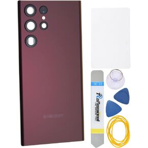 Burgundy Red Acrylic Glass Back Cover Replacement for Samsung Galaxy S22 Ultra 5G with Rare Camera's Frame and Glass Cover Pre-Cut Adhesive and Installation Instruction Tool Kit are Include